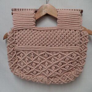 BAY SKY Macrame Crochet knit Wood Handle tote bag purse Boho pink handbag